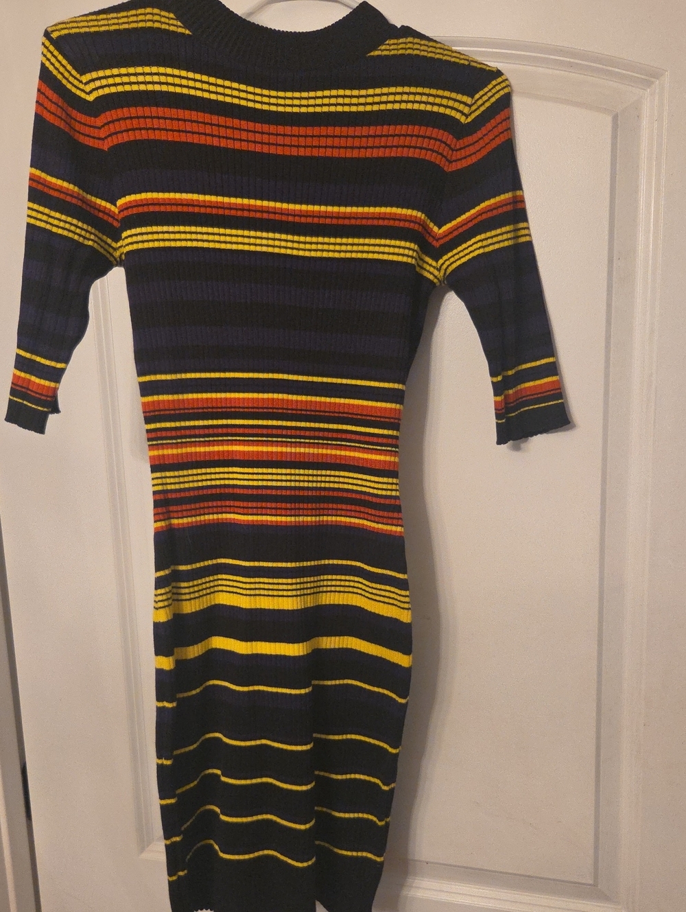 No Boundaries Black Ribbed Midi Dress with Yellow & Orange Stripes